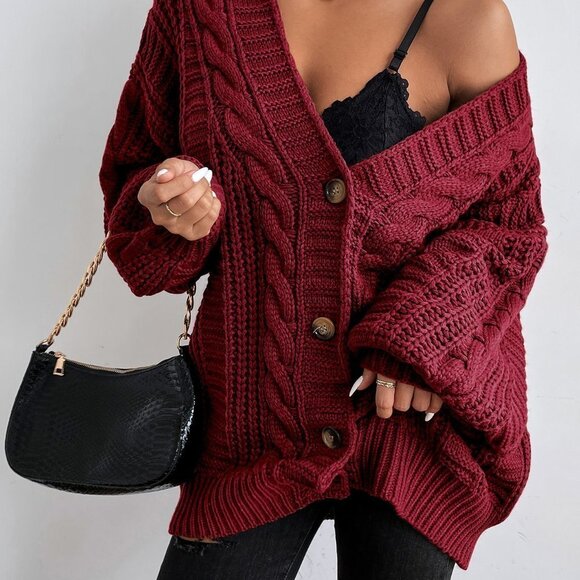 Burgundy Casual Womens Bishop Sleeve Button Up Cardigan - Picture 3 of 5